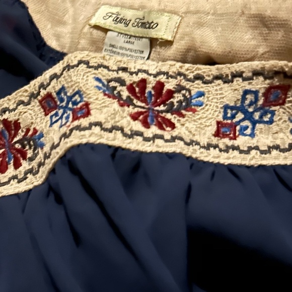 Flying Tomato 3/4 Length Sleeve Navy Blue Embroidered Boho Chic Blouse Sz L - Picture 9 of 10